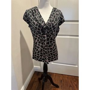 ARMANI COLLEZIONI Black Cream Geometric Print Cap Sleeve Silk Blouse SZ 12